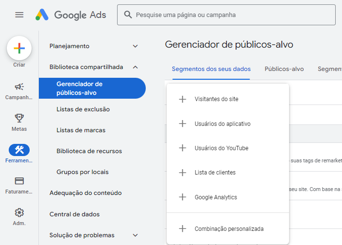 Ferramentas Gerenciados de públicos alvo + Google Analytics